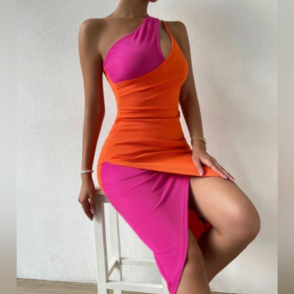 Bright Pink Orange One Shoulder Cutout Wrap Bodycon Asymmetric Dress, S…